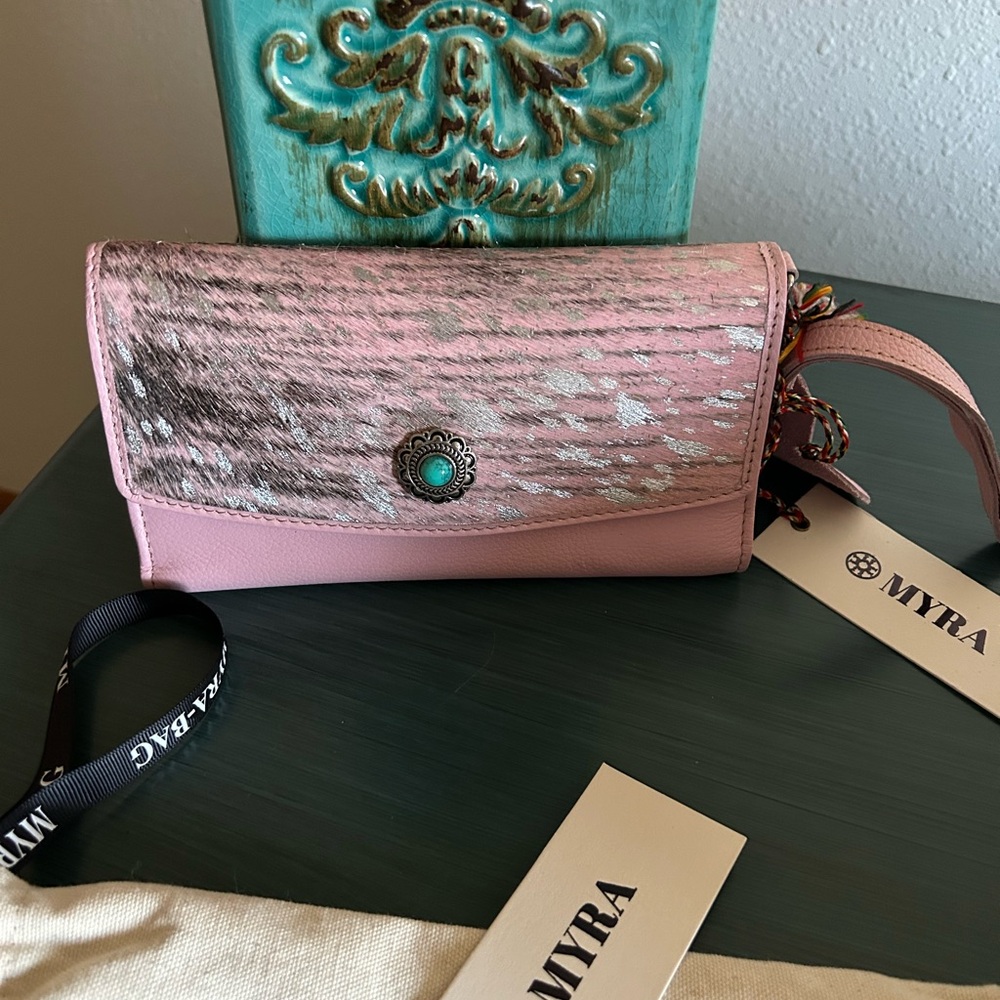 Myra Bag Pink and Silver Wristlet Wallet with Turquoise Accent